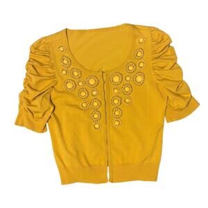Mustard Yellow Beaded Flower Ruched Half Sleeve Cardigan (Large)